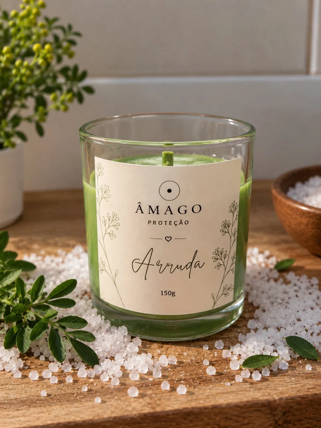 Vela de Arruda com Sal Grosso 150g | Proteção e Limpeza Energética | Vela Aromática ÂMAGO — Arruda